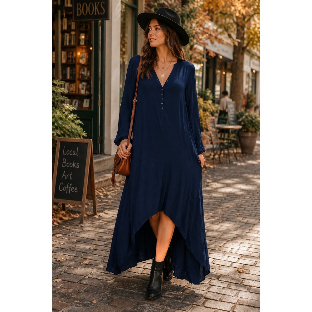 Denim 24/7 Womens Navy Blue High Low Maxi Dress Medium Dark Academia Minimalist